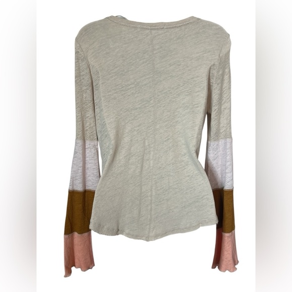 We The Free Women Bell Sleeve Linen Colorblock Top Size S Tan V-neck Beachy Boho - Picture 4 of 13